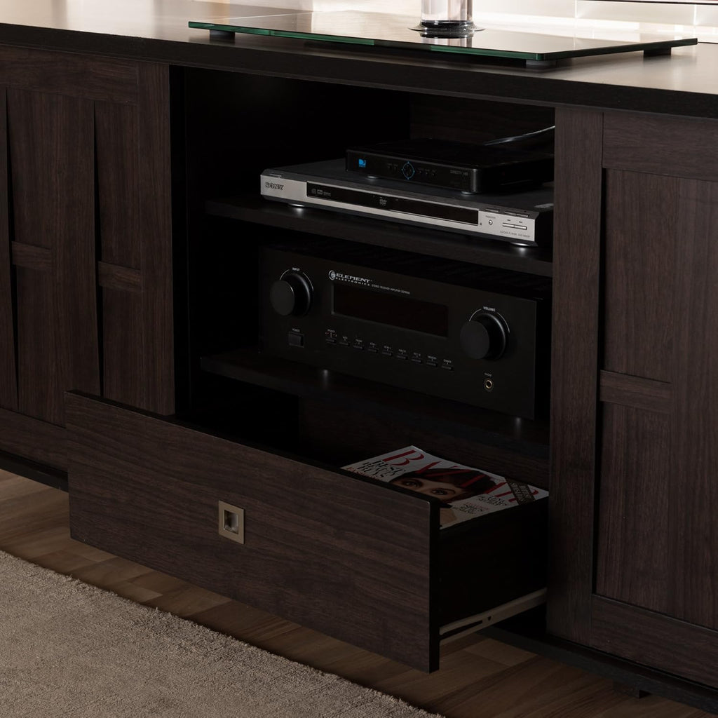 Dark Brown Wood TV Cabinet with 2 Sliding Doors and Drawer A513