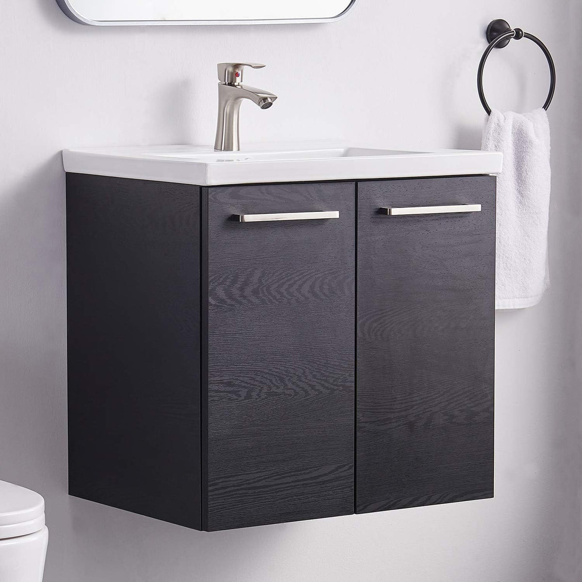 Grey Wood Grain 2-Door Bathroom Vanity with White Ceramic Sink S3906