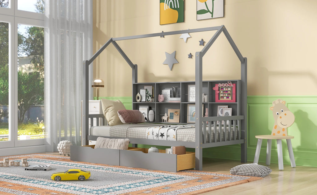 Wooden Twin Size House Bed with 2 Drawers and Storage Shelf O52267