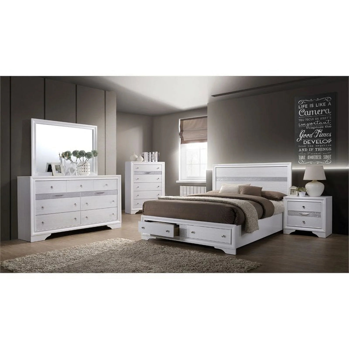 White Solid Wood Queen Storage Bed V9319