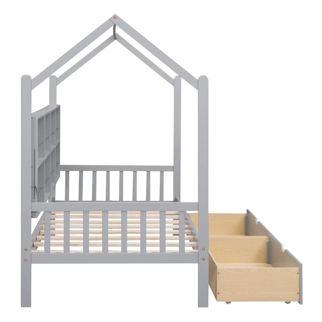 Wooden Twin Size House Bed with 2 Drawers and Storage Shelf O52267