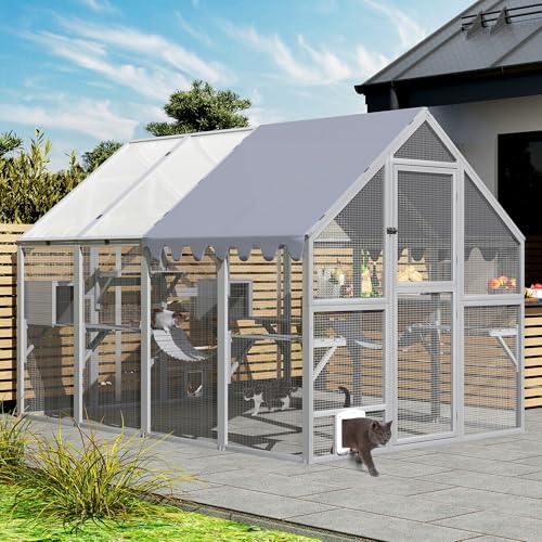 Grey Extra Large Wooden Outdoor Cat Enclosure with Canopy E7041