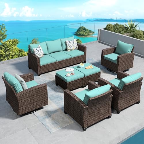 Brown Wicker Rattan 7 Pieces Patio Furniture Set with Cushion and Firepit Table V23945