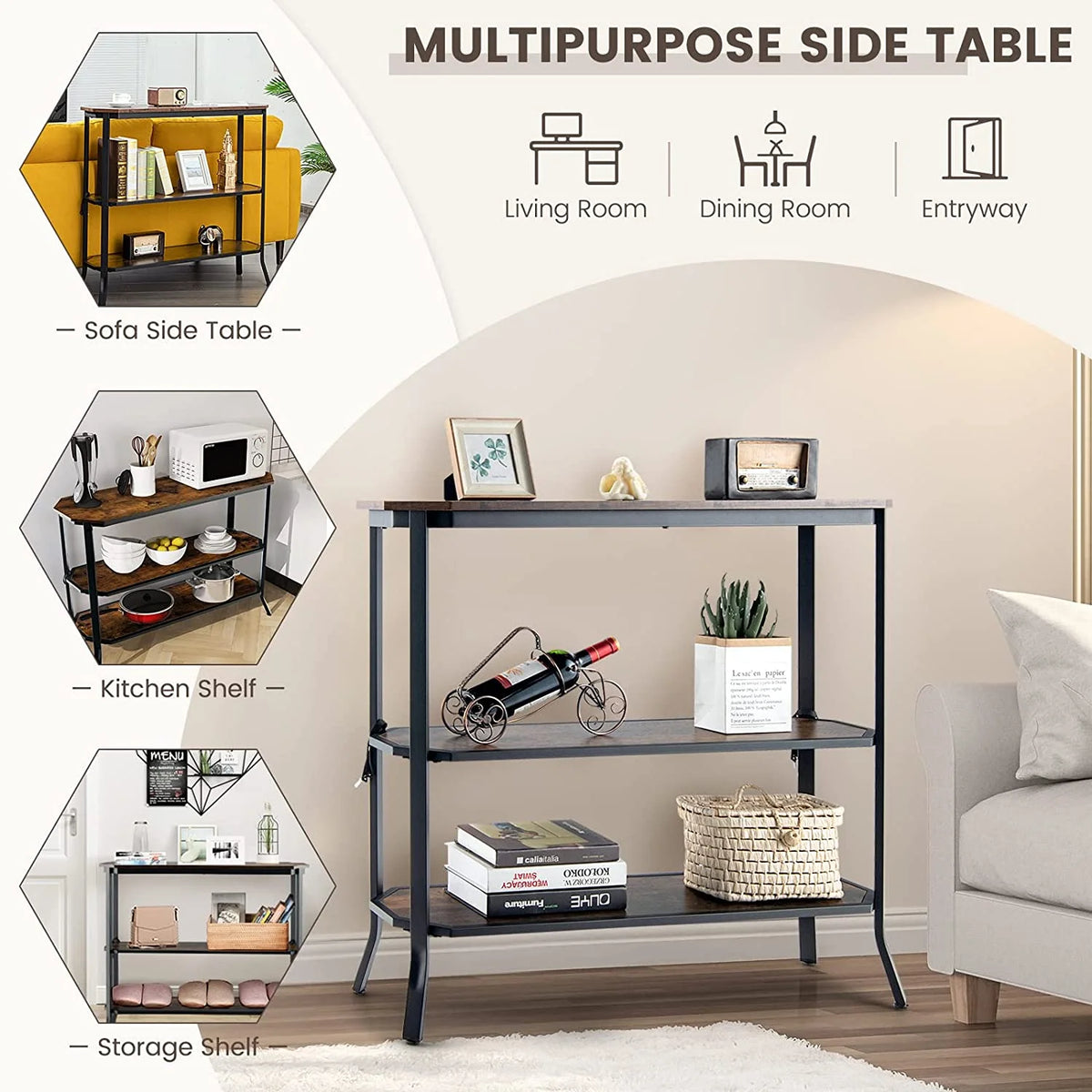 Industrial 3-Tier Narrow Console Table with Open Shelves Y6706