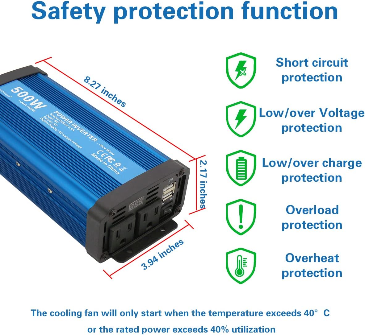 500W Pure Sine Wave Power Inverter DC 12V to 110V AC with 2.4A Dual USB Y607353