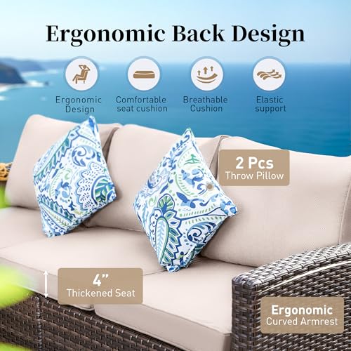 Brown Wicker Rattan 7 Pieces Patio Furniture Set with Cushion and Firepit Table V23945