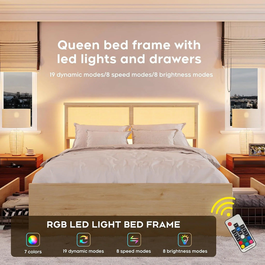Natural Rattan Queen Bed Frame with Wooden Headboard and 4 Storage Drawers T4797