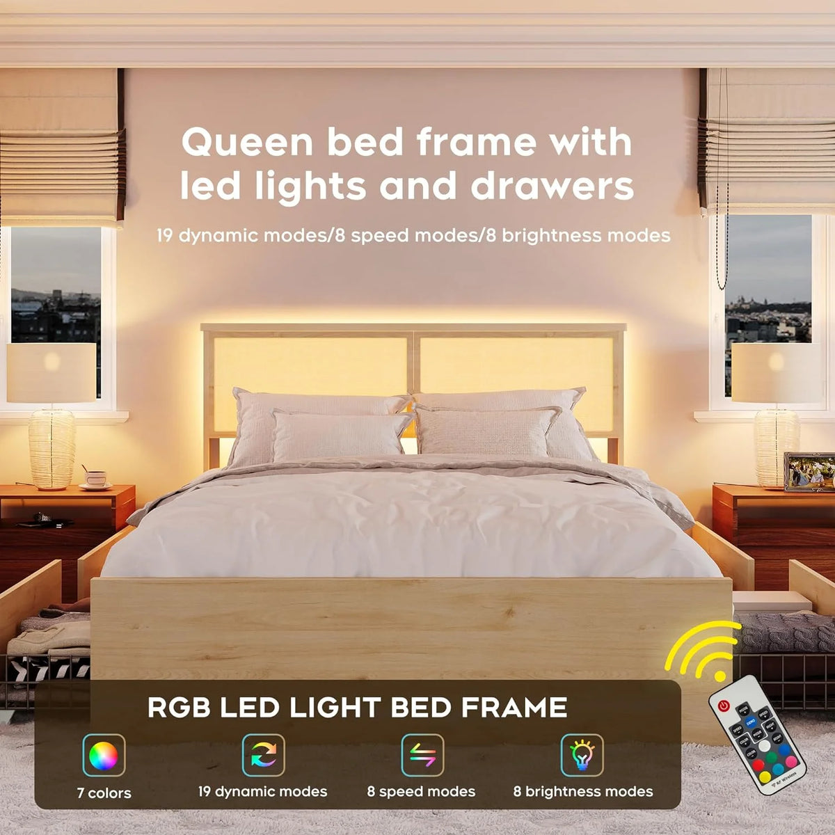 Natural Rattan Queen Bed Frame with Wooden Headboard and 4 Storage Drawers T4797