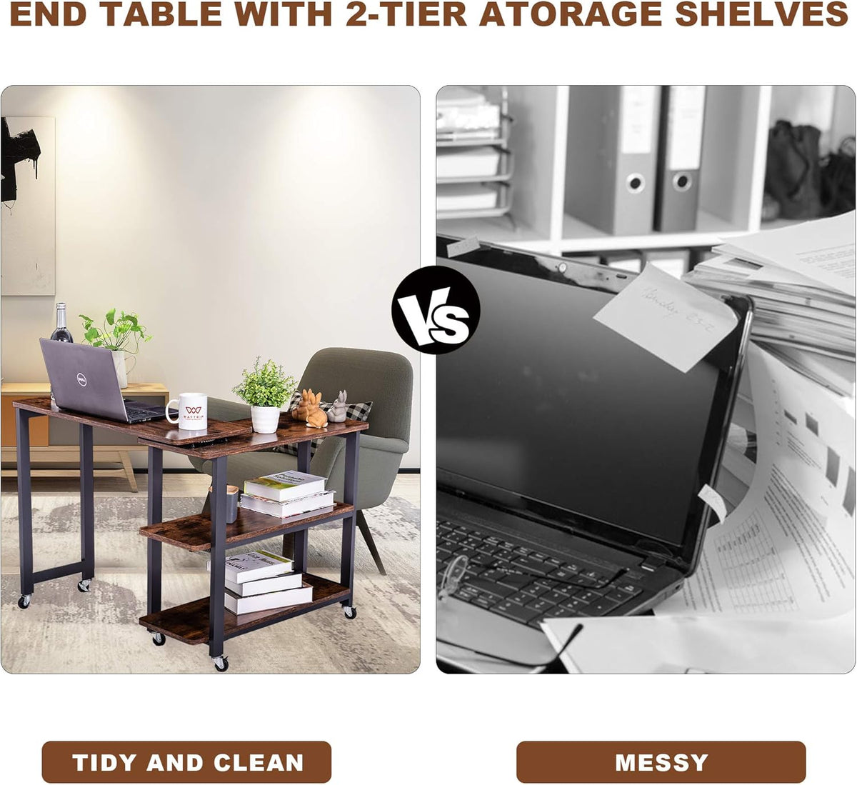360° Free Rotating Sofa Side Table with 2 Tier Storage Shelves T824850