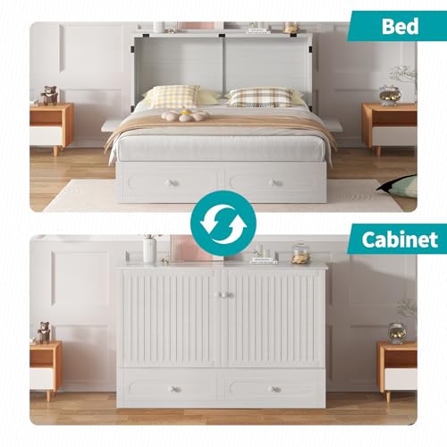 Queen Cabinet Chest Bed with USB Charging Station, Tri-Fold Mattress, 2 Storage Drawers Dark Grey L396
