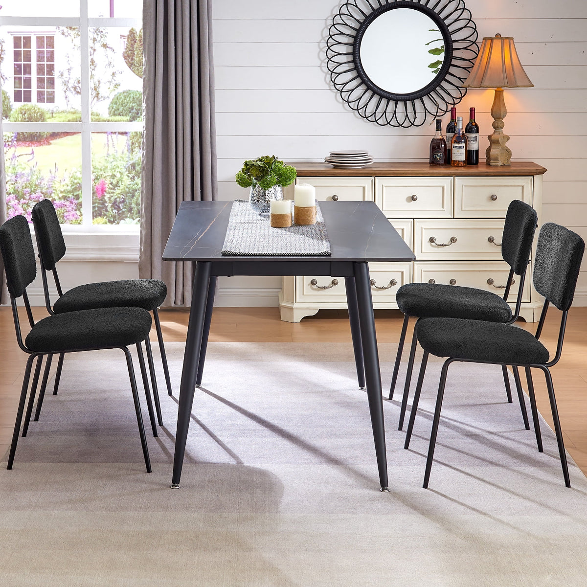 Black Boucle Dining Chairs Set of 4 with Metal Legs H9534