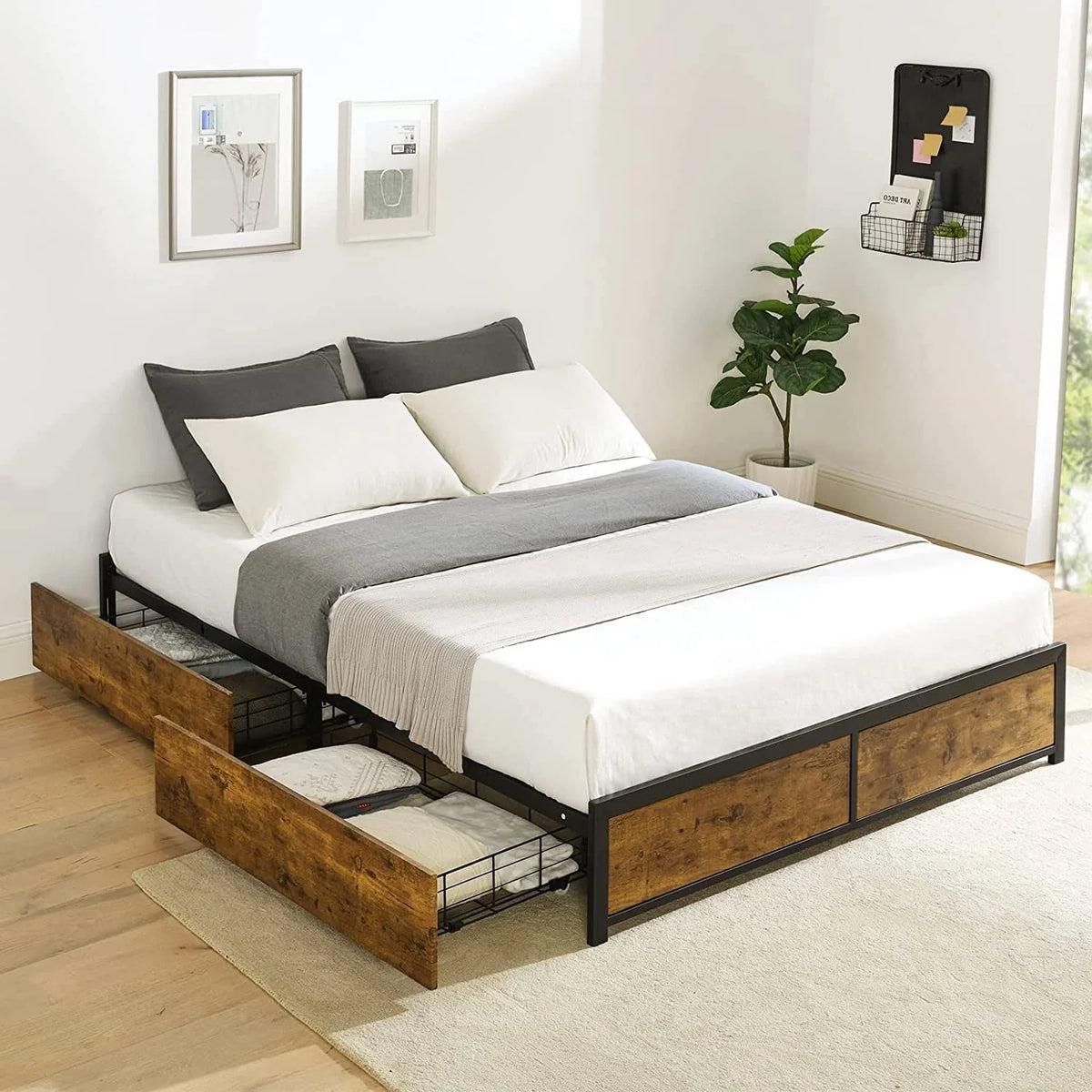 King Metal Platform Bed Frame with 4 Storage Drawers H890046