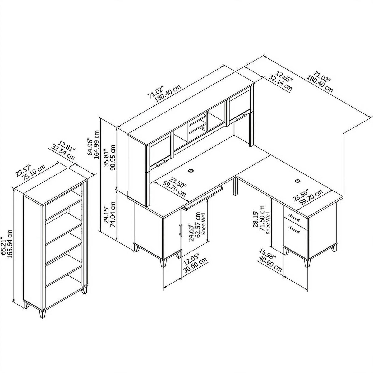 72W L Desk with Hutch & Bookcase S609