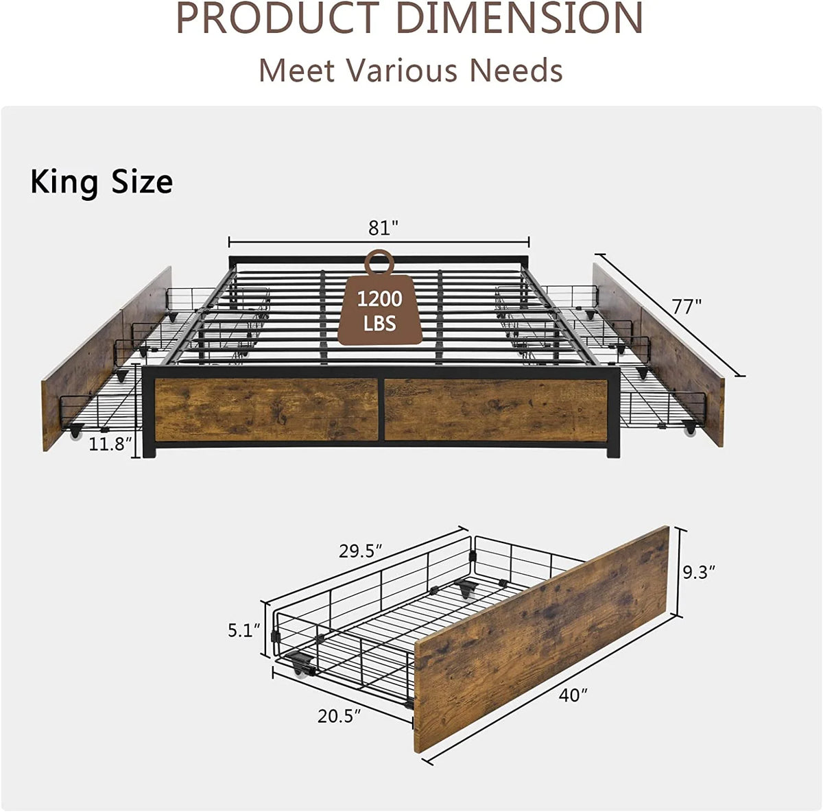 King Metal Platform Bed Frame with 4 Storage Drawers H890046