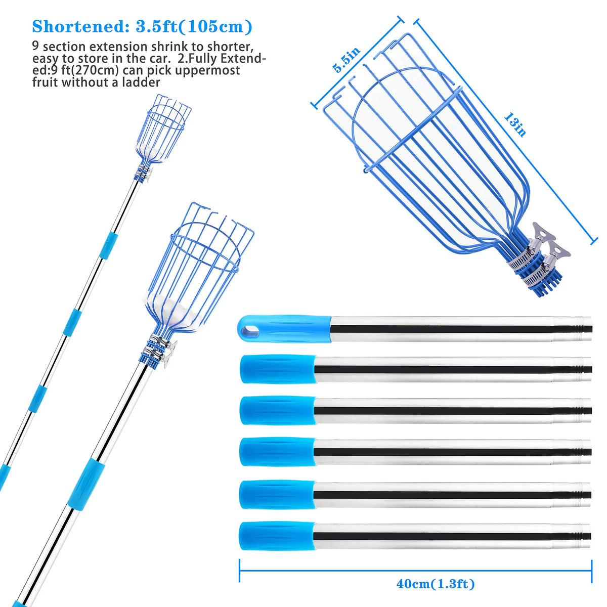 13-Foot Fruit Picker with Telescoping Pole and Basket M87256