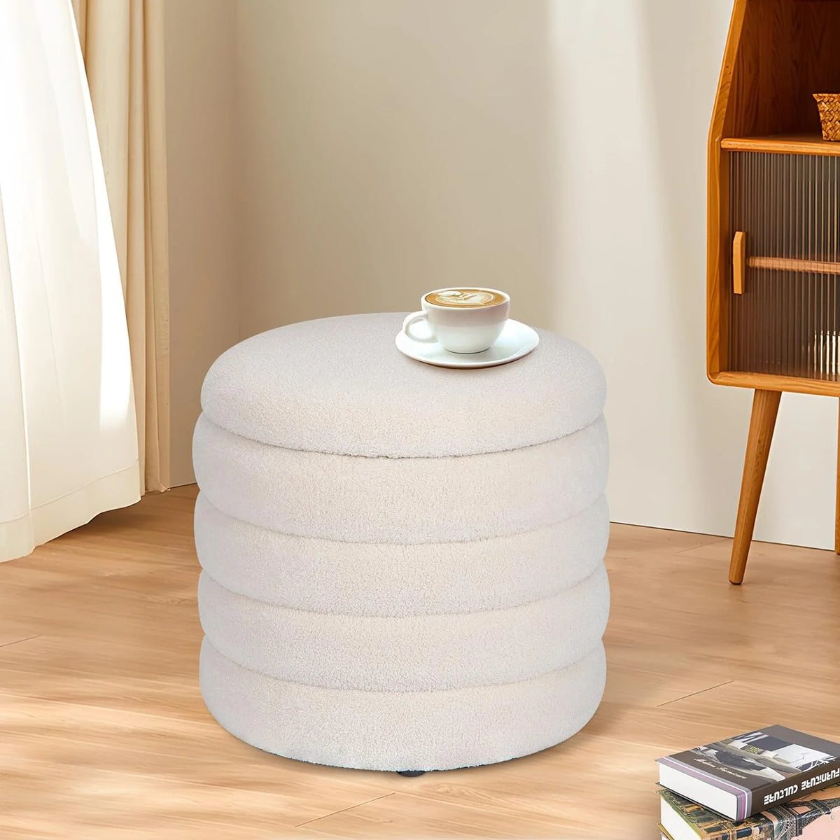 White Velvet Round Ottoman with Storage C156