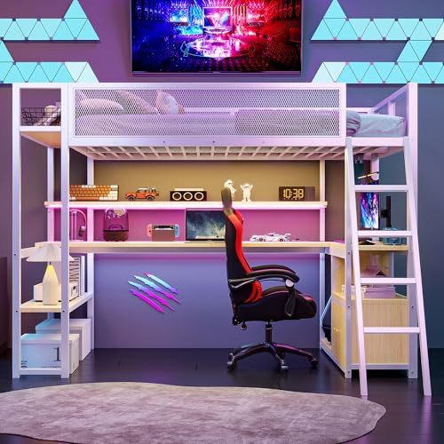 Full Size Black Metal Loft Bed with Desk and Stairs Q972