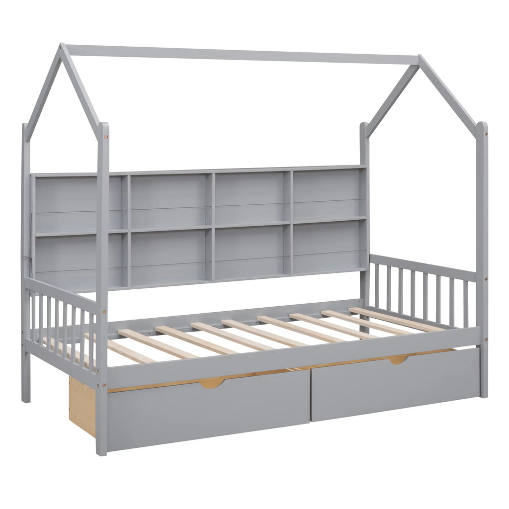 Wooden Twin Size House Bed with 2 Drawers and Storage Shelf O52267