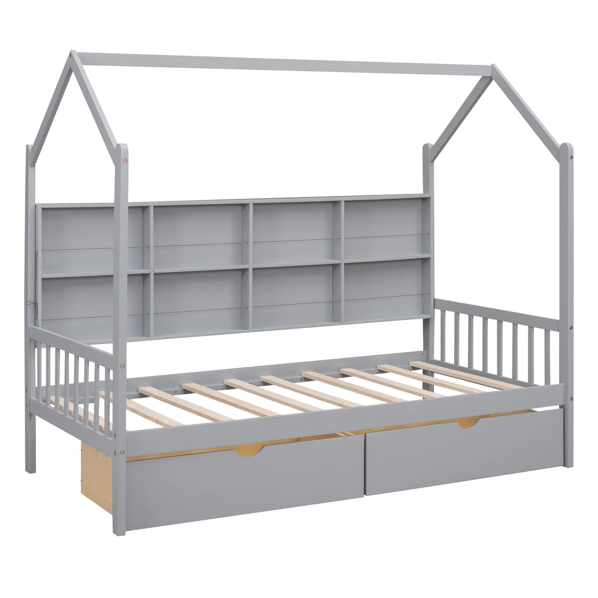 Wooden Twin Size House Bed with 2 Drawers and Storage Shelf O52267