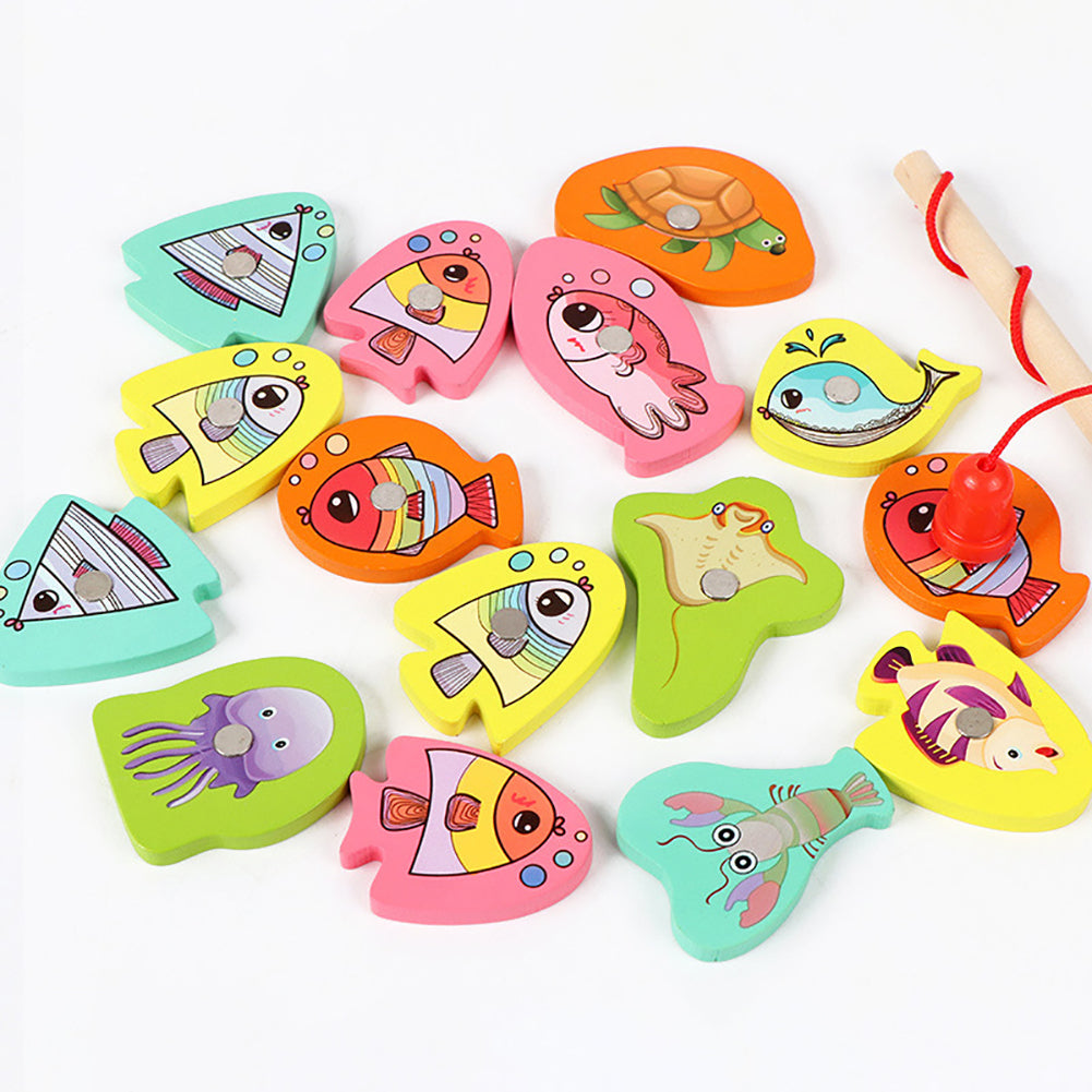 15pcs Wooden Magnetic Fishing Toy with 15 Fish and 1 Rod G455029
