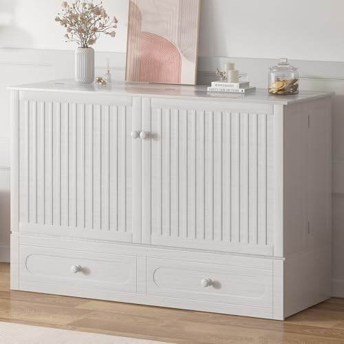 Queen Cabinet Chest Bed with USB Charging Station, Tri-Fold Mattress, 2 Storage Drawers Dark Grey L396