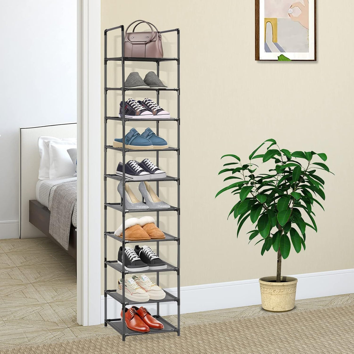 10 Tiers Narrow Tall Shoe Rack Black P8911