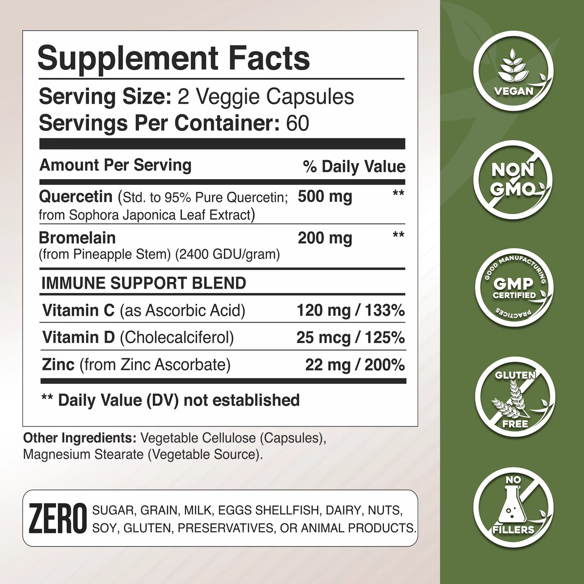 Quercetin 500mg with Vitamin C Zinc Bromelain and Vitamin D3 360 Veggie Caps W98614