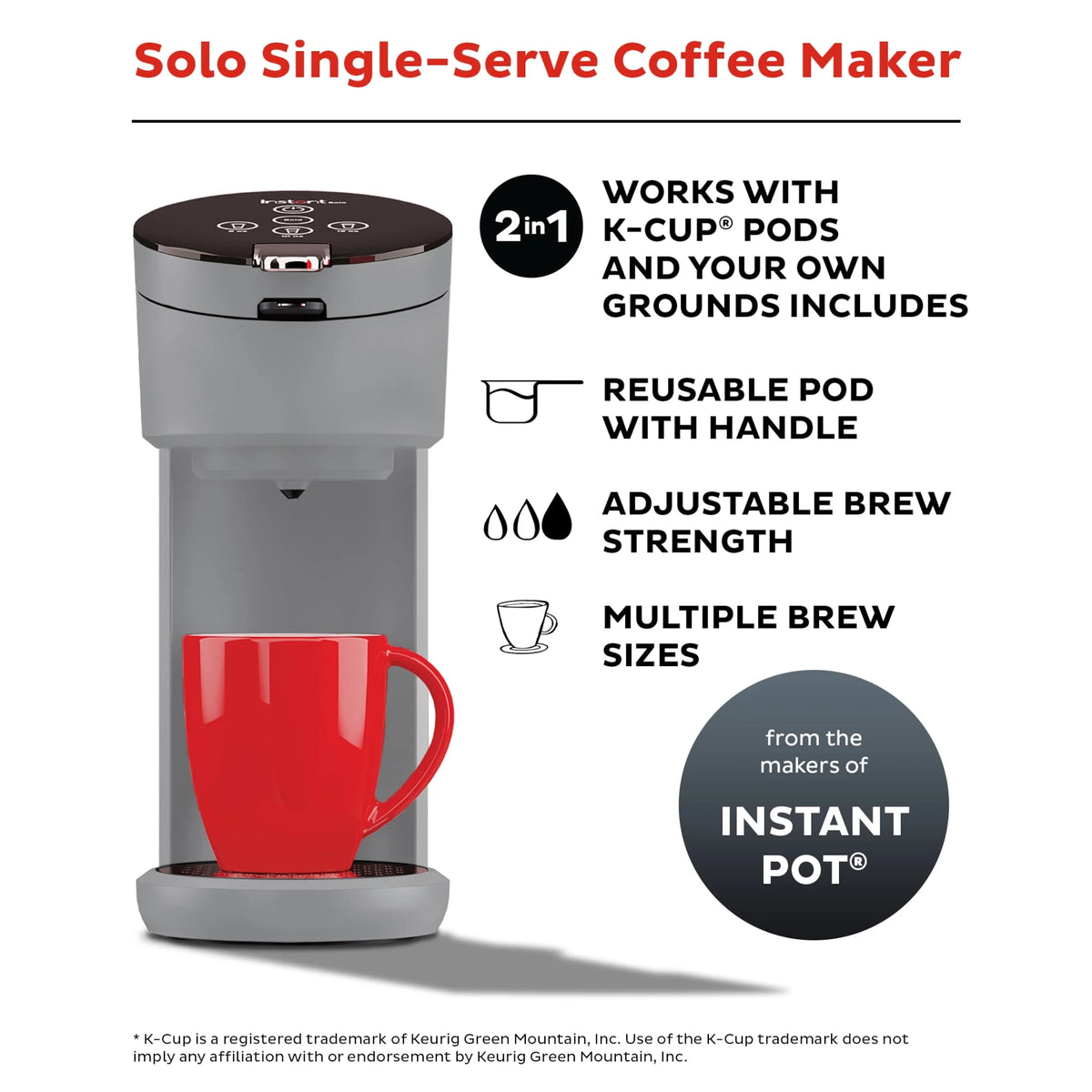 2-in-1 Single Serve Coffee Maker with 3 Brew Sizes, Maroon Red D669