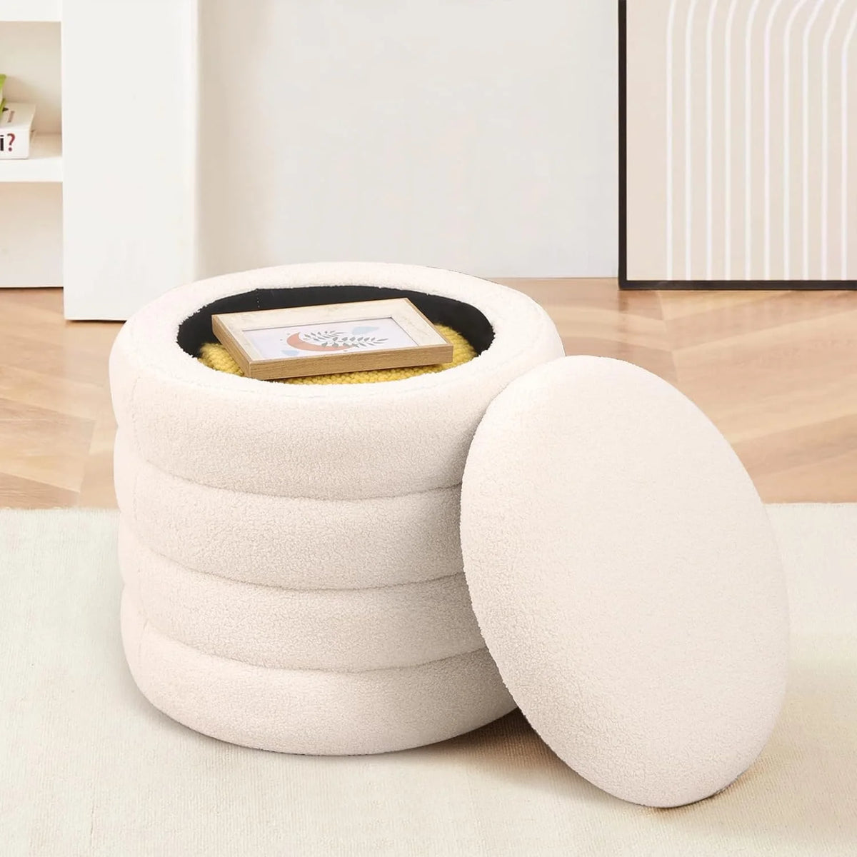 White Velvet Round Ottoman with Storage C156