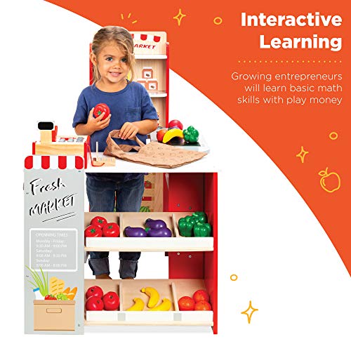 Red Wooden Supermarket Toy Set with Play Food, Cash Register, Conveyor L1942