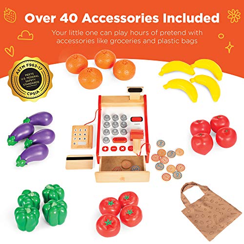 Red Wooden Supermarket Toy Set with Play Food, Cash Register, Conveyor L1942