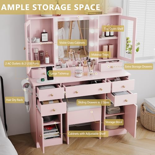White Vanity Desk with Mirror and Lights and Storage Drawers E87774
