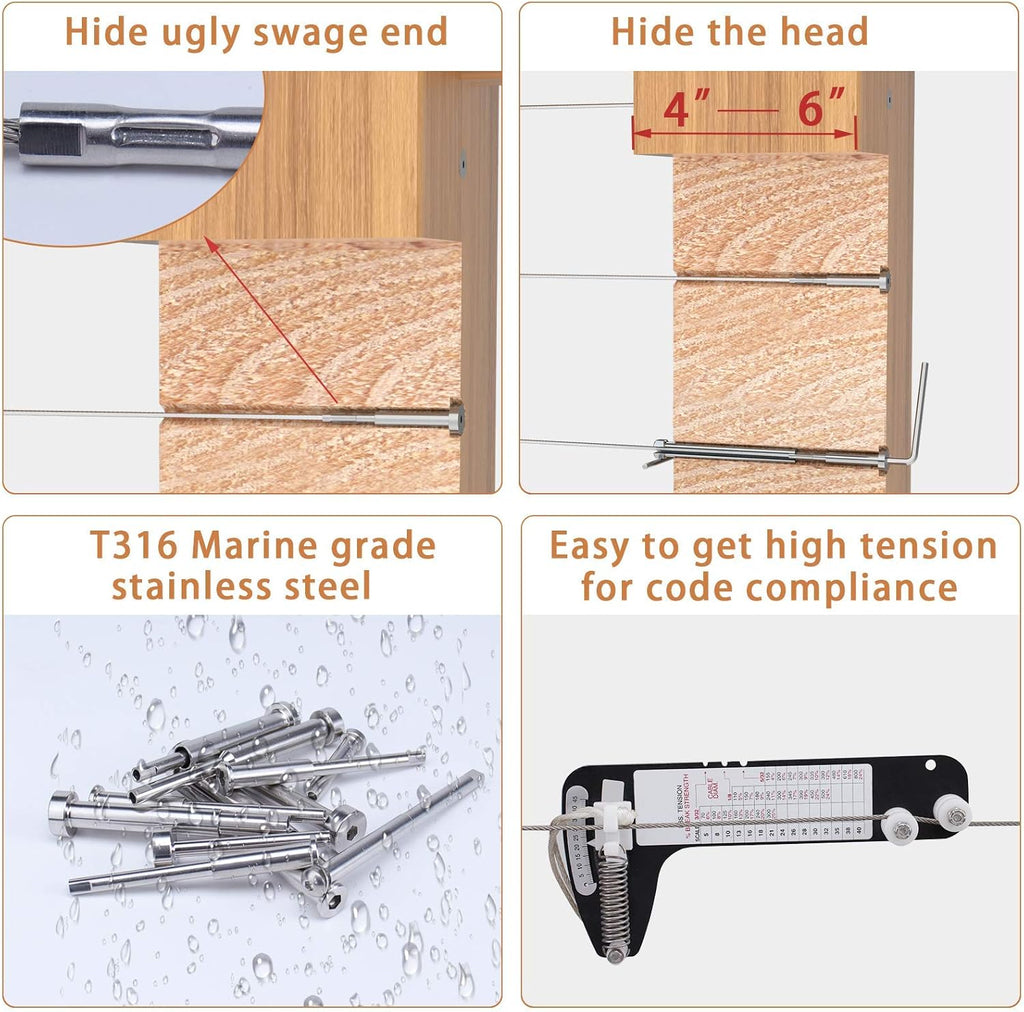 20Pack Invisible Cable Railing Kit 1/8 Swage Tensioner Hardware T316 Stainless Steel U424