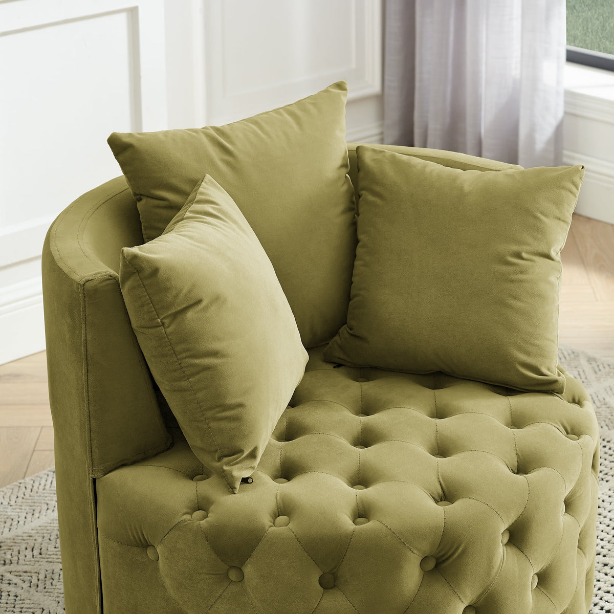 Khaki Green Velvet Swivel Chair with Wheels Q994