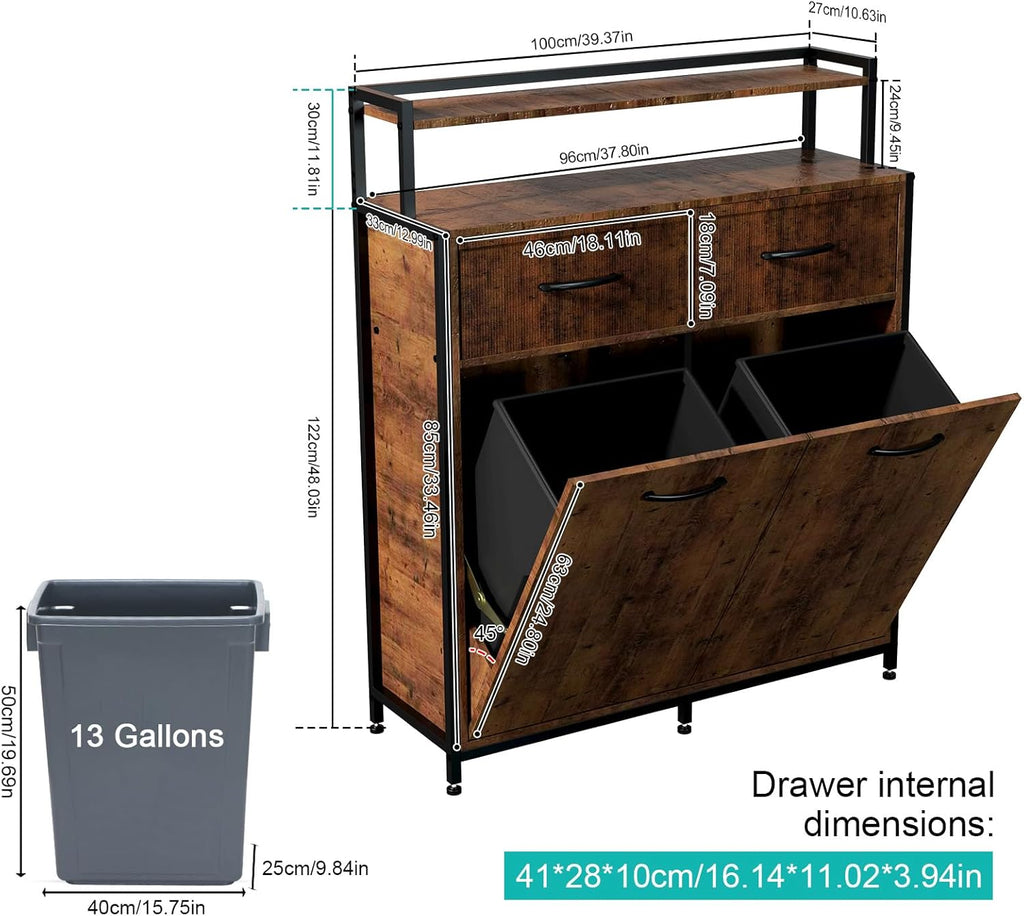 Dual Tilt Out Trash Cabinet with 2 Drawers and Shelf O654