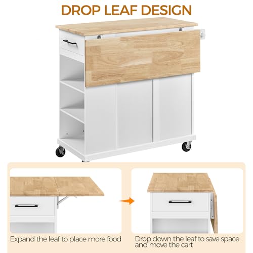 White Rolling Kitchen Island Cart with Drop Leaf, 2 Drawers N85781