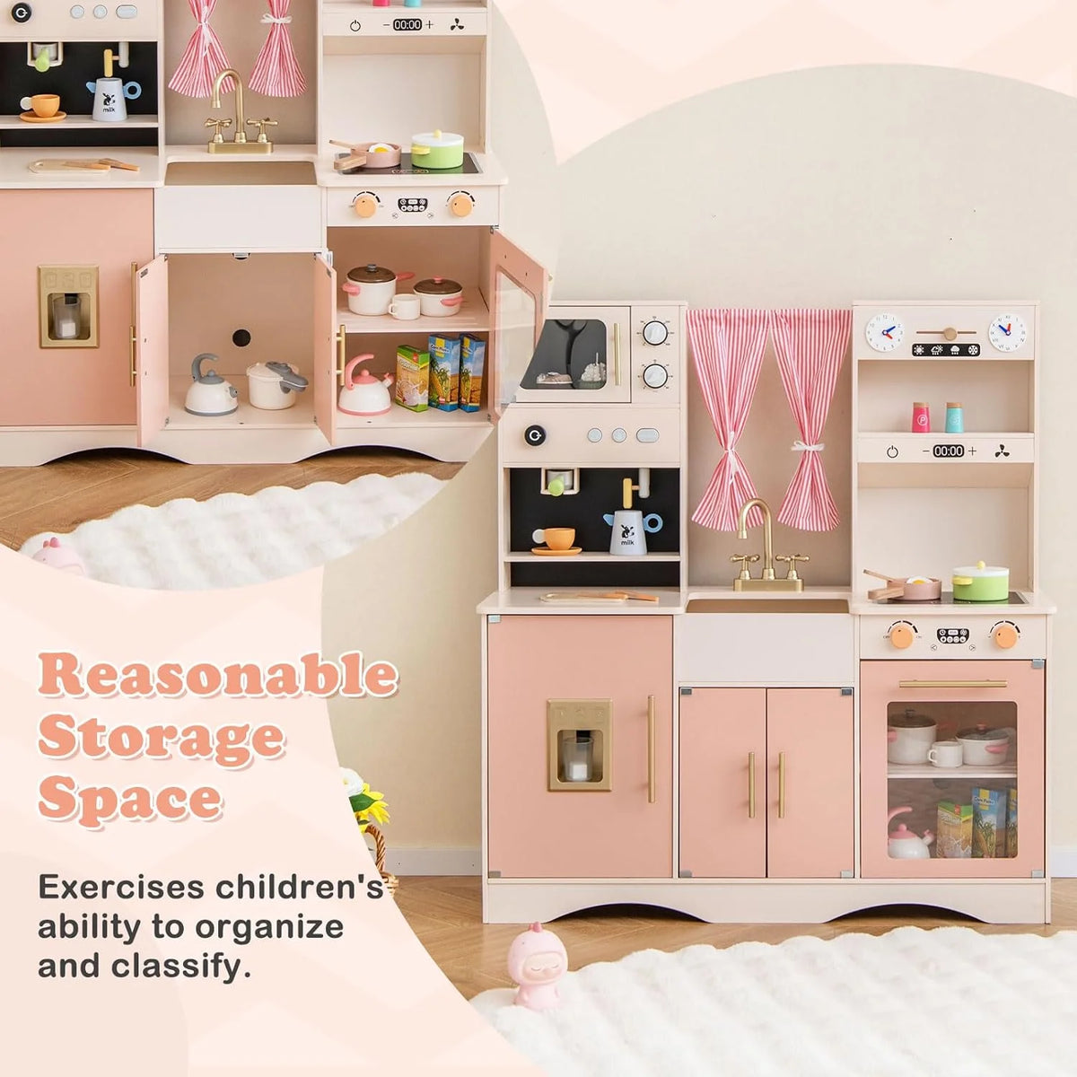 Peach Pink Wooden Kids Kitchen Playset R848536