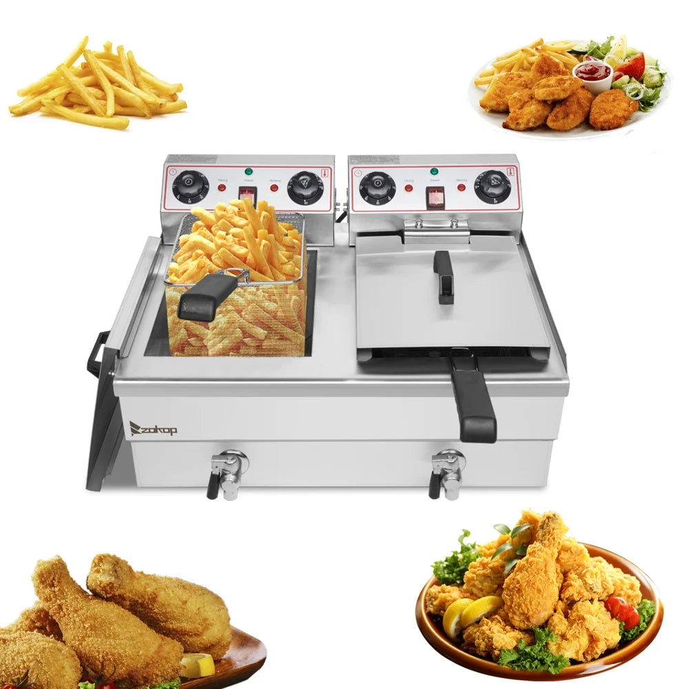 16L Stainless Steel Double Tank Deep Fryer 3400W V5232