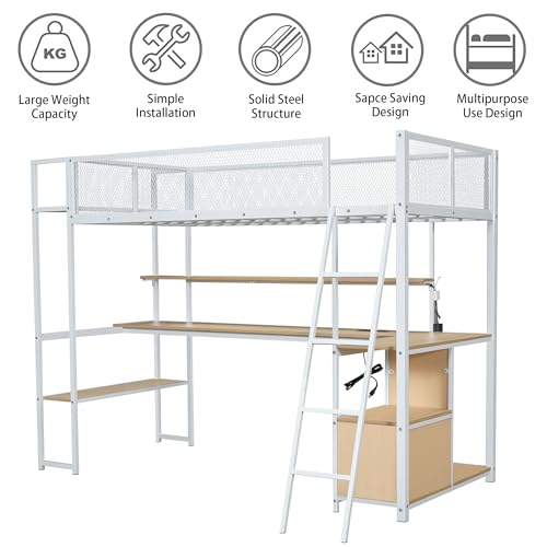 Full Size Black Metal Loft Bed with Desk and Stairs Q972