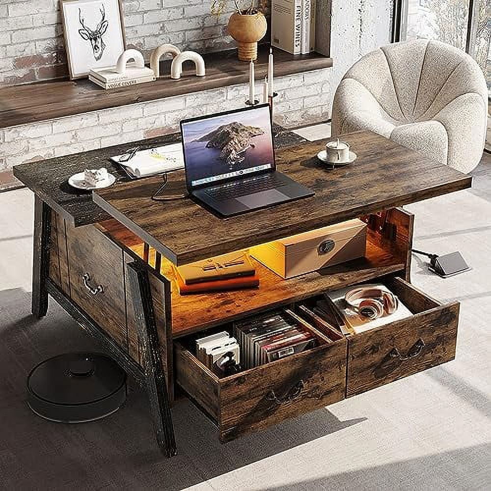 Lift Top Wood Coffee Table with Led Lights & Drawers S577660