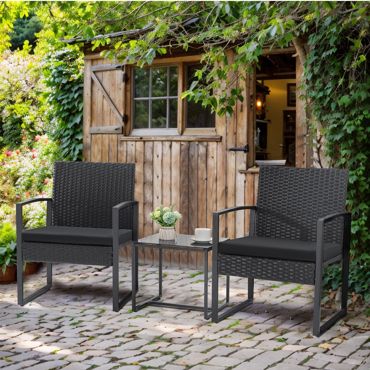 Black 3-Piece Wicker Bistro Chair Set with Coffee Table K806