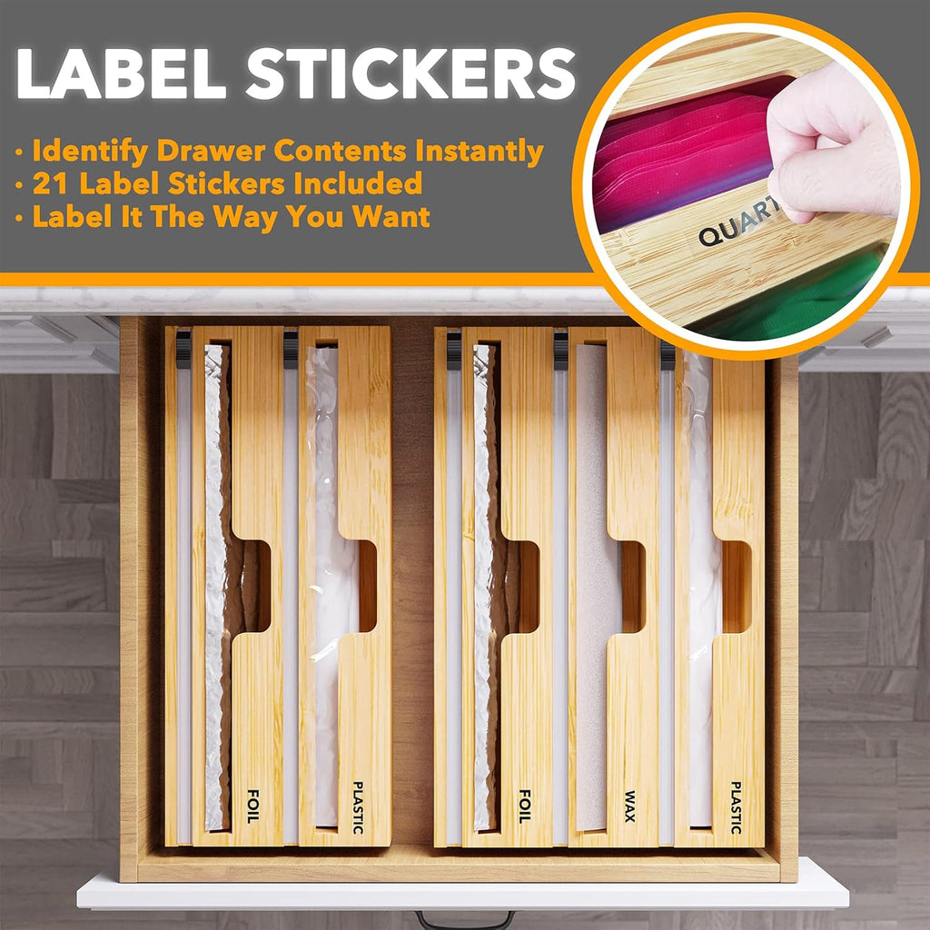 2 in 1 Wrap Dispenser with Cutter and Labels, Bamboo Roll Organizer Holder, Pack of 2 W140