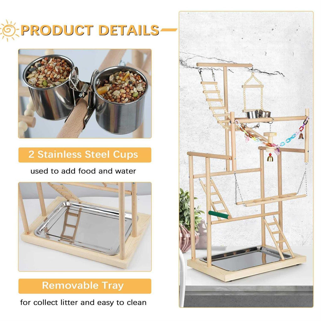 Parrot Bird Play Stand Wood Perch Gym Playpen Ladder with Feeder Cups M699555
