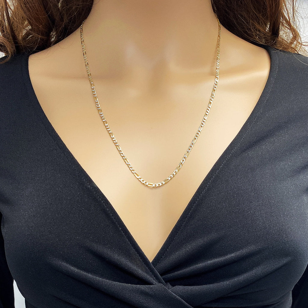 14k Yellow Gold Over 925 Silver Diamond-Cut Figaro Chain Necklace K844