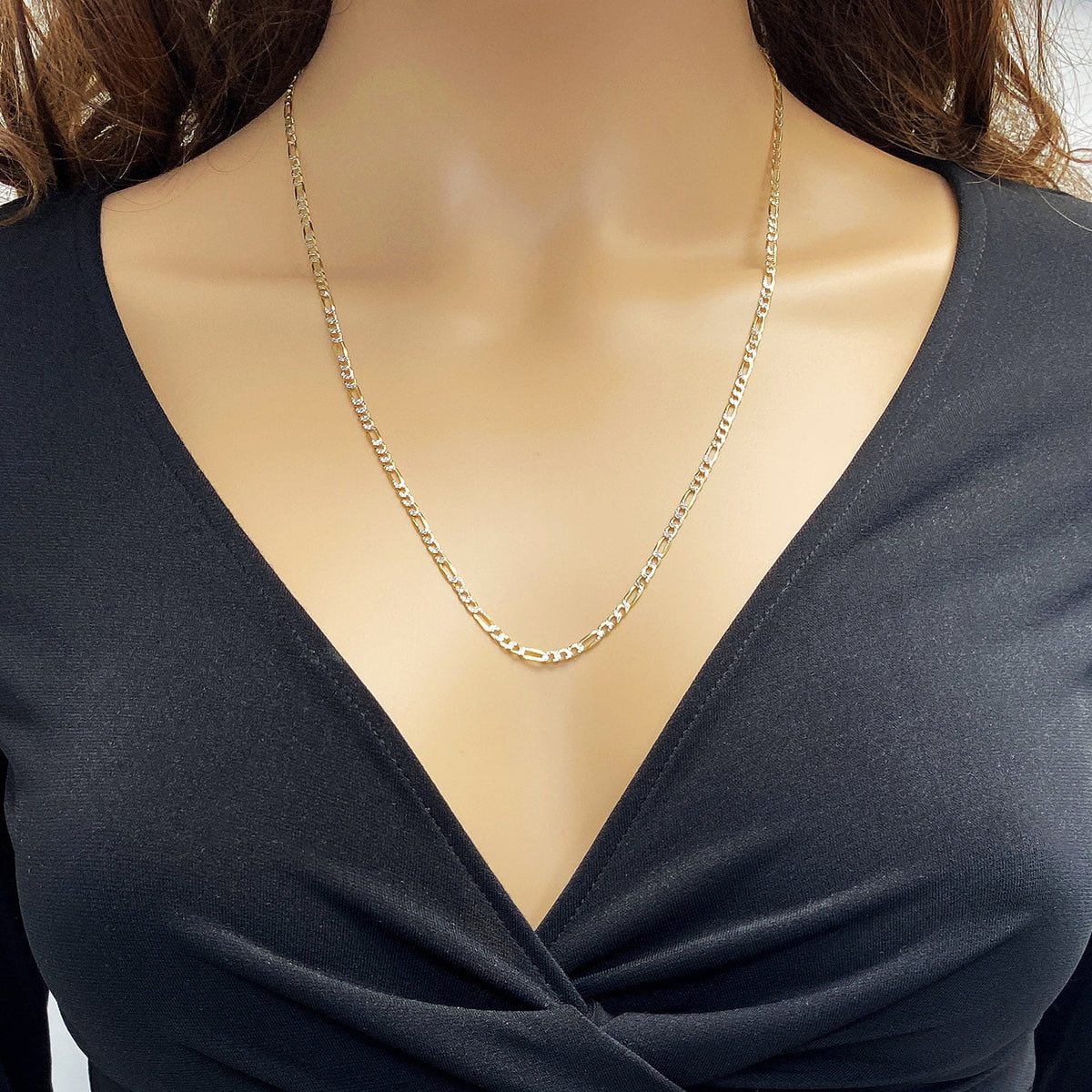 14k Yellow Gold Over 925 Silver Diamond-Cut Figaro Chain Necklace K844