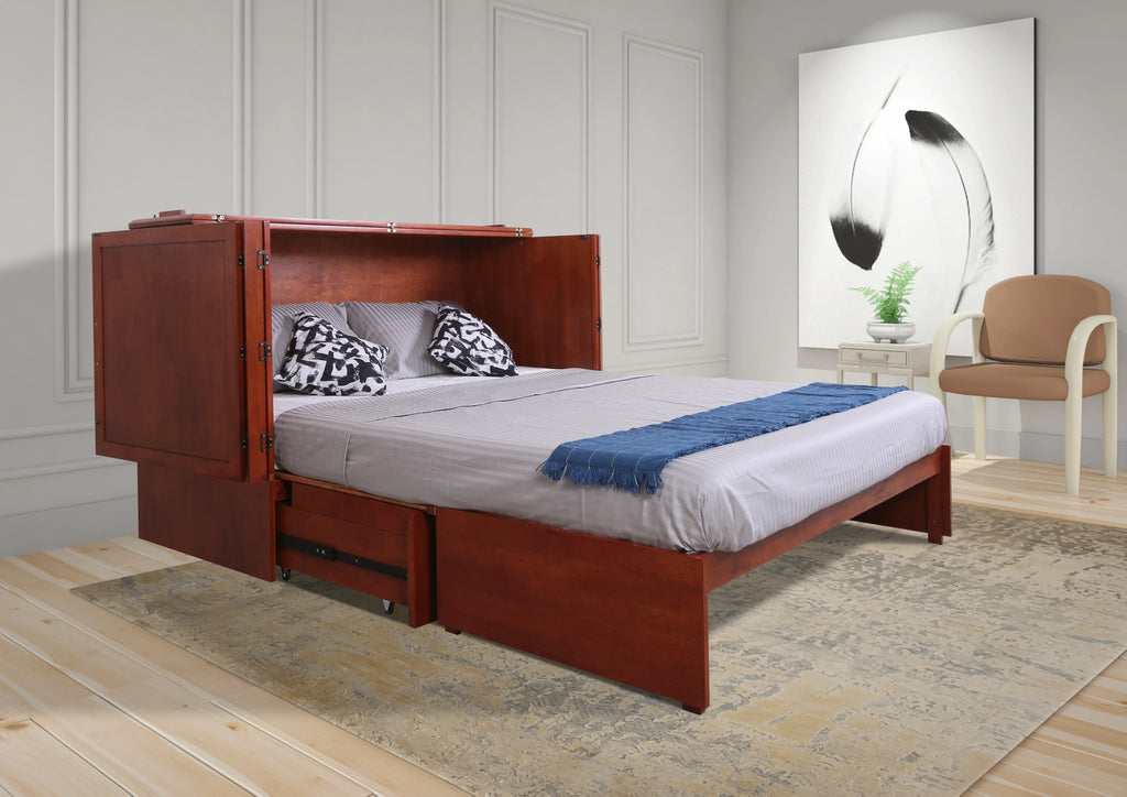 Queen Cherry Murphy Cabinet Chest Bed with Charging Station & 6" Memory Foam Mattress I836873