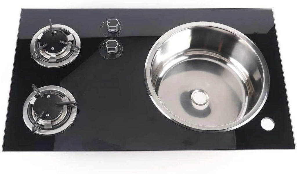 Gas Camping Stove 2 Burners with Tempered Glass Lids and Sink Comb R4523
