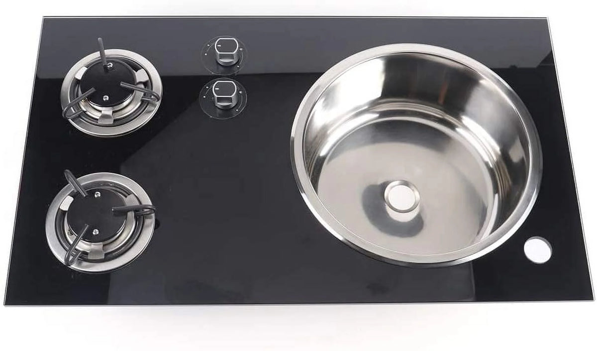 Gas Camping Stove 2 Burners with Tempered Glass Lids and Sink Comb R4523