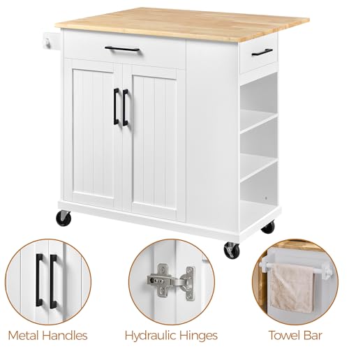 White Rolling Kitchen Island Cart with Drop Leaf, 2 Drawers N85781
