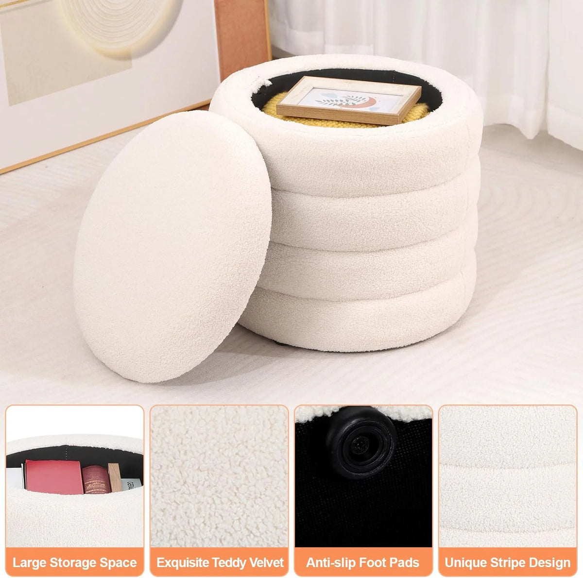 White Velvet Round Ottoman with Storage C156